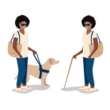 Rehber köpeği olan kör bir kız sokakta yürüyor. Engelli insanların rehabilitasyonu ve adaptasyonu. Beyaz arkaplandaki vektör çizimleri.