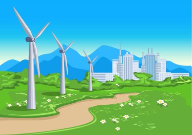 Büyük bir şehrin yakınındaki rüzgar tarlası. Yeşil enerji. Ekoloji ve çevrenin korunması. Yatay vektör illüstrasyonu.