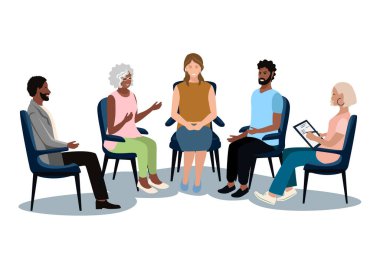 Farklı milletlerden ve yaşlardan erkekler ve kadınlar grup terapisinde bir psikologla birlikte oturuyorlar. Beyaz arkaplanda düz bir şekilde vektör illüstrasyonuName.