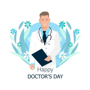 Doktor günün kutlu olsun. Doktorlara ve hemşirelere yardımları ve hayat kurtardıkları için teşekkürler. İlaç ve sağlık. Soyut bir arkaplanda düz biçimli vektör illüstrasyonu.