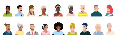 Farklı yaş ve ırktan mutlu erkek ve kadınların portreleri. Daha yaşlı ve daha genç insanların görüntülerinin ve ifadelerinin çeşitliliği. Beyaz zemin üzerinde düz bir karakter yüzleri vektör kümesi.