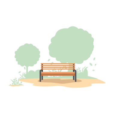 A park bench made of wooden planks and an iron frame against a background of abstract trees and flowers. Vector illustration in simple style.