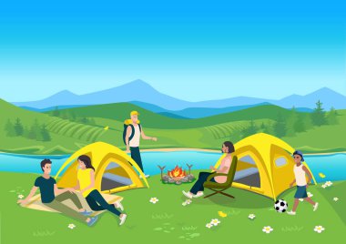 Erkekler ve kadınlar nehrin yakınındaki bir kampta dinleniyorlar. Doğada çadırları olan insanlar. Arkadaşlarla aktif tatil. Rahatlama ve seyahat görüntüsü. Vektör illüstrasyonu.