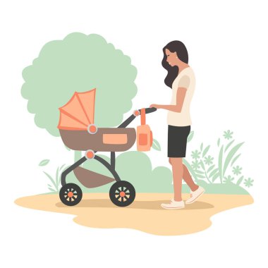 Mutlu anne yeni doğmuş bebeğiyle parkta bir bebek arabasında yürüyor. Anneliğin keyfi. Çocukları sevmek ve onlarla ilgilenmek. Anneler Günü. Vektör illüstrasyonu.