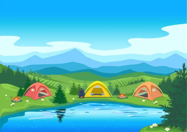 Bright tents in the valley near the lake. Camping. Recreation with tents in nature. Travel and active recreation with friends. An image of relaxation and travel. Vector illustration.