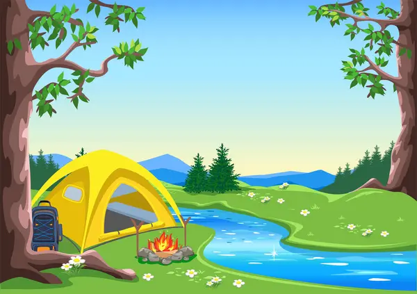 Yellow tent in the forest on the river bank. Camping. Recreation with tents in nature. Travel and active recreation with friends. An image of relaxation and travel. Vector illustration.