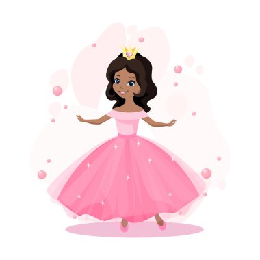 Pembe elbiseli güzel bir prenses ve kalp şeklinde mücevherle süslenmiş bir taç. Pembe soyut arka planda bir peri masalı prensesinin vektör çizimi.