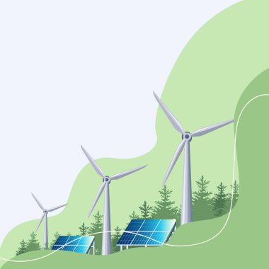 Soyut yeşil arka planda rüzgar jeneratörleri ve güneş panelleri. Yeşil enerji görüntüsü. Ekoloji ve çevrenin korunması. Metin için boş alanı olan vektör illüstrasyonu.
