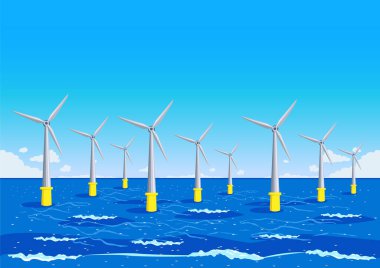 Rüzgâr santrali, dalgaların arasında denizde birçok rüzgar jeneratörü var. Yeşil enerji. Ekoloji ve çevrenin korunması. Yatay vektör illüstrasyonu.
