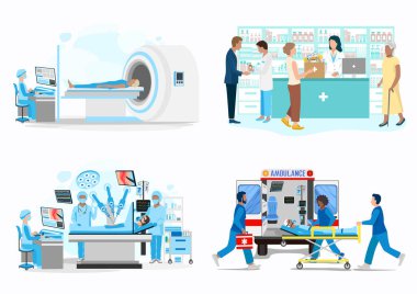 Doktor ve hastanın vektör çizimleri. Sağlık görevlileri hasta bakımı, MRI muayenesi, robotik cerrahi, eczane alışverişi, hayat kurtarma sağlıyorlar. Doktorlar ve hemşireler sayesinde..