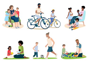 Mutlu ebeveynler ve farklı milletlerden çocukları beyaz bir arka planda. Aileyle zaman geçirmek. Aile günü, sevgi dolu ebeveynler, mutlu bir çocukluk. Vektör çizimleri kümesi.