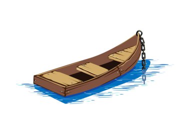 Sahte zincirli eski ahşap bir tekne. Beyaz arkaplanda çizgi film tarzında vektör illüstrasyonu.