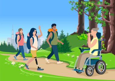 Elektrikli sandalyedeki mutlu genç adam arkadaşlarıyla birlikte şehrin dışında yürüyor. Engelli insanların rehabilitasyonu ve adaptasyonu. Vektör illüstrasyonu.