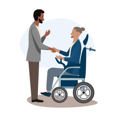 Elektrikli sandalyedeki arkadaş canlısı genç adam iş ortağıyla el sıkışıyor. Dostça mı yoksa iş amaçlı mı? Engelli insanların rehabilitasyonu ve adaptasyonu. Vektör illüstrasyonu.