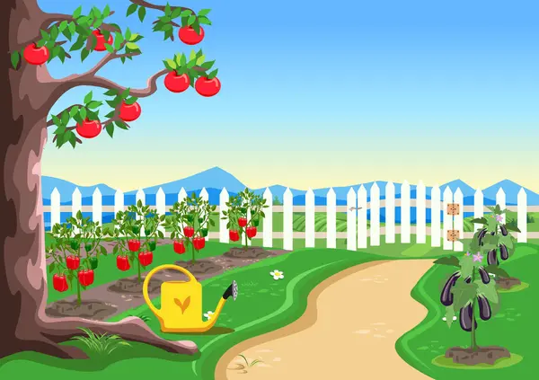 stock vector A cute garden with an apple tree, a white fence, a garden path, ripening vegetables in the beds and a yellow garden watering can. Organic gardening. Vector illustration.