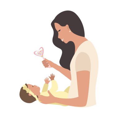 Mutlu anne yeni doğmuş bebeğiyle oynuyor. Anneliğin neşesi. Anneler Günü. Düz biçimli vektör illüstrasyonu.