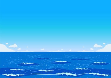 Dalgalı mavi okyanus ve ufukta bulutlu mavi gökyüzü. Deniz manzarasının yatay vektör çizimi.