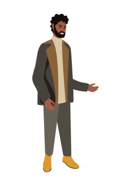 Yürüyüşe çıkmış, koyu tenli, kışlık giysiler içinde mutlu bir genç adam. Kış modası. Vektör illüstrasyonu beyaz arkaplanda izole edildi.