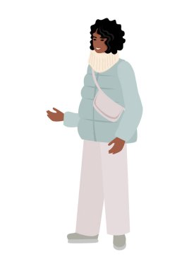 Yürüyüşe çıkmış, koyu tenli, sıcak kış kıyafetleri içinde mutlu bir genç kadın. Kış modası. Vektör illüstrasyonu beyaz arkaplanda izole edildi.