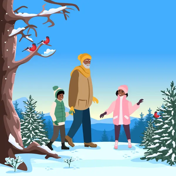 Büyükbaba ve torunlar kış ormanlarında yürüyüp eğleniyorlar. Aktif yaşam tarzı. Kış doğasının güzelliği. Soyut arkaplanda vektör illüstrasyonu.