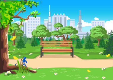 Gökdelenlerin arka planında büyük ağaçların olduğu bir şehir parkında yürüyüş. Çizgi film tarzında şehir manzarası. Vektör illüstrasyonu.