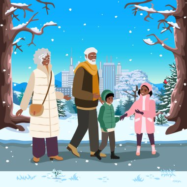 Yaşlı bir çift ve torunları kış parkında yürüyüp eğleniyorlar. Aktif yaşam tarzı. Kış doğasının güzelliği. Soyut arkaplanda vektör illüstrasyonu.