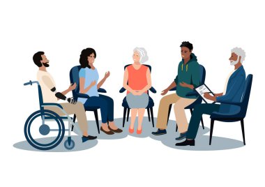 Farklı milletlerden ve yaşlardan erkekler ve kadınlar grup terapisinde bir psikologla birlikte oturuyorlar. Beyaz arkaplanda düz bir şekilde vektör illüstrasyonuName.