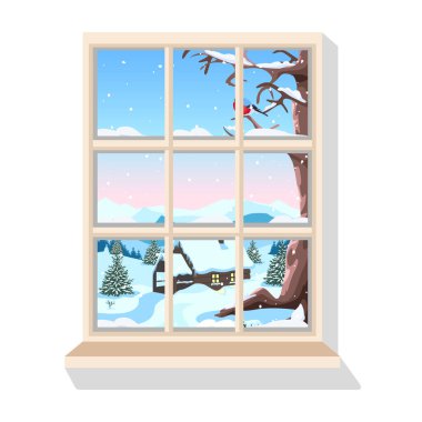Pencerenin dışındaki güzel kış manzarası. Ev rahatlığı. Kış doğasının güzelliği. Vektör illüstrasyonu.