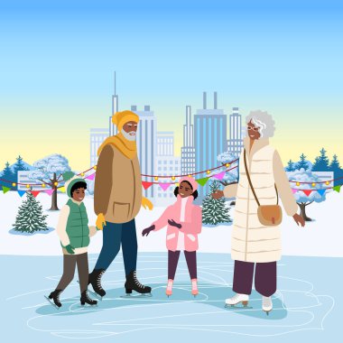 Buz pateni pistinde torunları olan mutlu büyükanne ve büyükbaba. Aktif emekliler ve torunlarla zaman geçirmek. Kış tatili. Beyaz arkaplanda vektör illüstrasyonu.