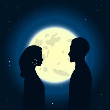 Dolunay ve yıldızlı gökyüzünün arka planında birbirini seven bir çiftin silueti. Vektör illüstrasyonu.