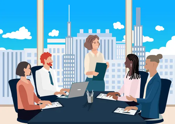 Ofiste iş toplantısı. İş adamları ve kadınlar konferans yapar, çalışır, seminer verir, konferans yapar ve karı tartışırlar. Düz biçimli vektör illüstrasyonu.