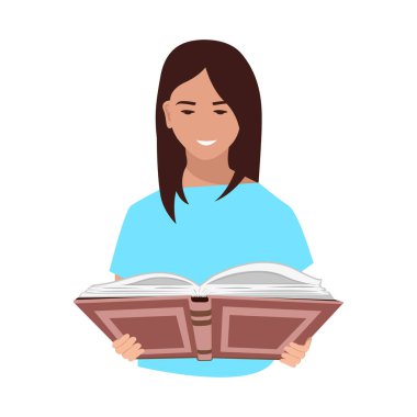 Kız hevesle ilginç bir kitap okuyor. Kurgu okumak ve okumak. Beyaz arkaplanda vektör illüstrasyonu.