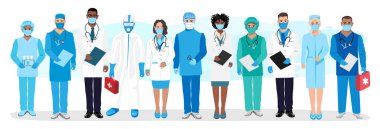 Üniformalı ve maskeli sağlık ekibi. Yardım edip hayat kurtardığınız için sağolun doktor ve hemşireler. İlaç ve sağlık. Soyut arkaplanda düz biçimli vektör çizimi.