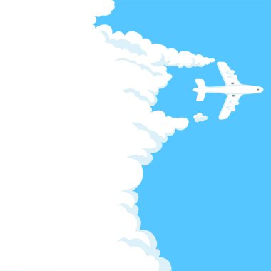 Beyaz bir uçak beyaz bulutların ve mavi gökyüzünün zemininde uçuyor. Yolcu ve kargo taşımacılığı uçakla. Vektör illüstrasyonu.