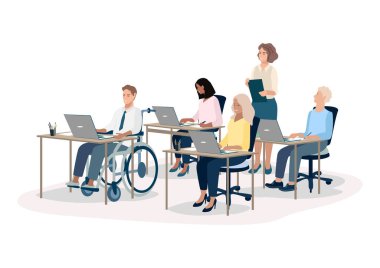 Öğrenciler bir konferansta, seminerde ya da birlikte çalışırken kitap ve dizüstü bilgisayarlarla masalarda oturuyorlar. Beyaz arkaplanda vektör illüstrasyonu.