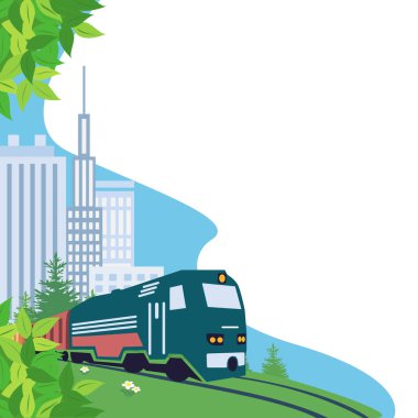 Trenle seyahat ya da nakliye. Tren raylar boyunca büyük bir şehrin arka planına doğru ilerliyor. Metin için boş alanı olan vektör illüstrasyonu.