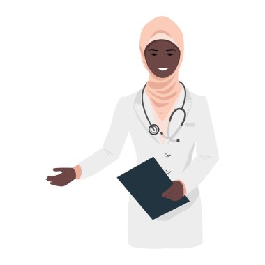 Dost canlısı Müslüman kadın doktor mesaj için boş alan gösteriyor. Yardım edip hayat kurtardığınız için sağolun doktor ve hemşireler. İlaç ve sağlık. Soyut arkaplanda düz biçimli vektör çizimi.