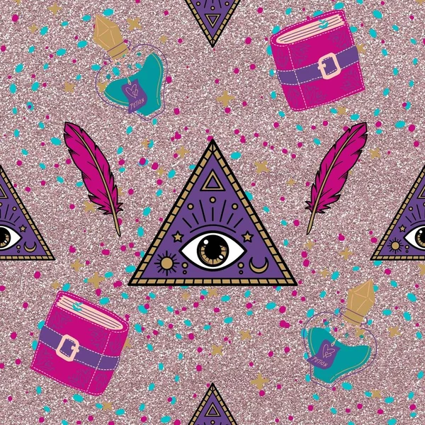 Tile background with eye on pyramid, feathers, and spellbooks.