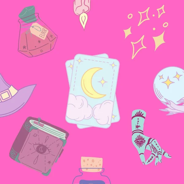 Tile background tarot cards, spell book, and stars.