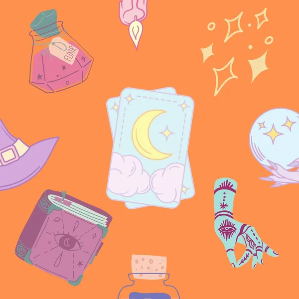 Tile background tarot cards, spell book, and stars.