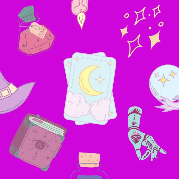 Tile background tarot cards, spell book, and stars.