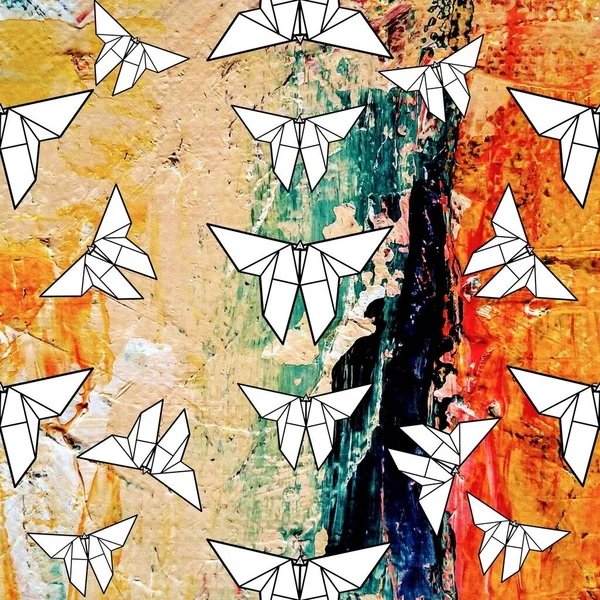 Til background with white paper origami butterflies. 