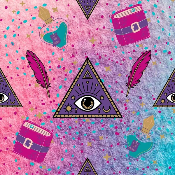 Tile background with eye on pyramid, feathers, and spellbooks.