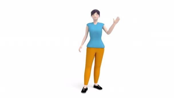 3D角色女孩挥动着她的手在透明的背景上 能够旋转无缝4K — 图库视频影像