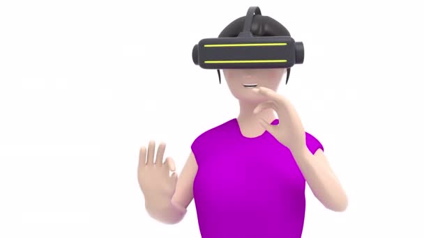 Character Girl Wears Virtual Reality Helmet Doing Something Cyberspace Transparent — Vídeo de Stock