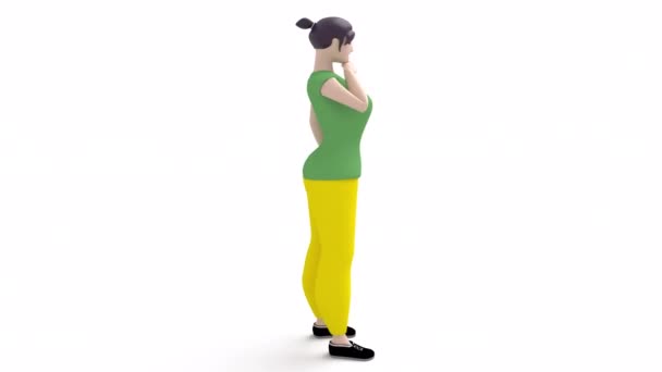Character Pensive Girl Stands Transparent Background Camera Rotates Her — Wideo stockowe