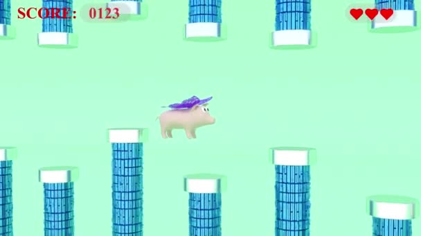 Flappy Pig Character Butterfly Wings Game Fake Pork Fly — Vídeo de stock
