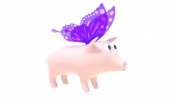 Pig Butterfly Wings Transparent Background Able Loop Seamless — Stockvideo
