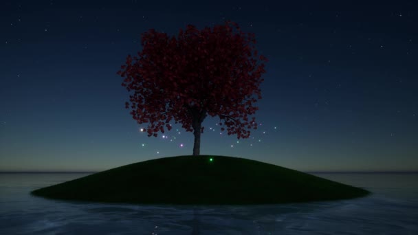 Сказочное Ландшафтное Дерево Острове Светлячками Волшебной Ночью — стоковое видео