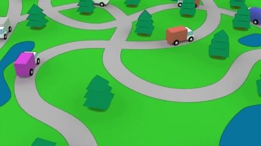 Çizgi film arabaları vahşi doğada trafik yolu 4k